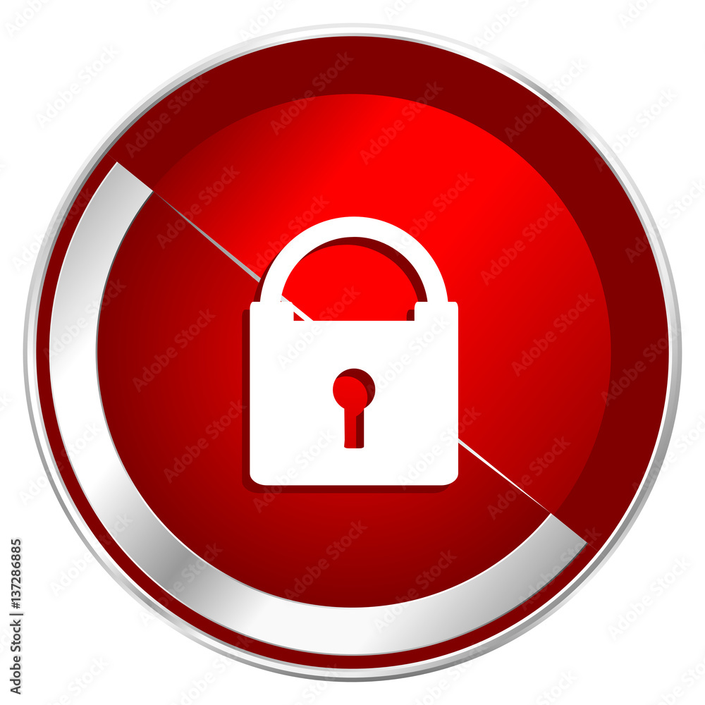 Poster Padlock red web icon. Metal shine silver chrome border round button isolated on white background. Circle modern design abstract sign for smartphone applications.