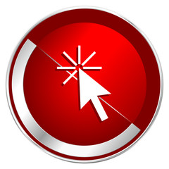 Obraz premium Click here red web icon. Metal shine silver chrome border round button isolated on white background. Circle modern design abstract sign for smartphone applications.