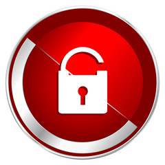 Padlock red web icon. Metal shine silver chrome border round button isolated on white background. Circle modern design abstract sign for smartphone applications.