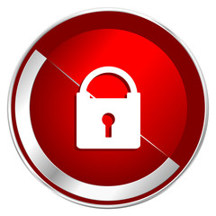 Padlock red web icon. Metal shine silver chrome border round button isolated on white background. Circle modern design abstract sign for smartphone applications.