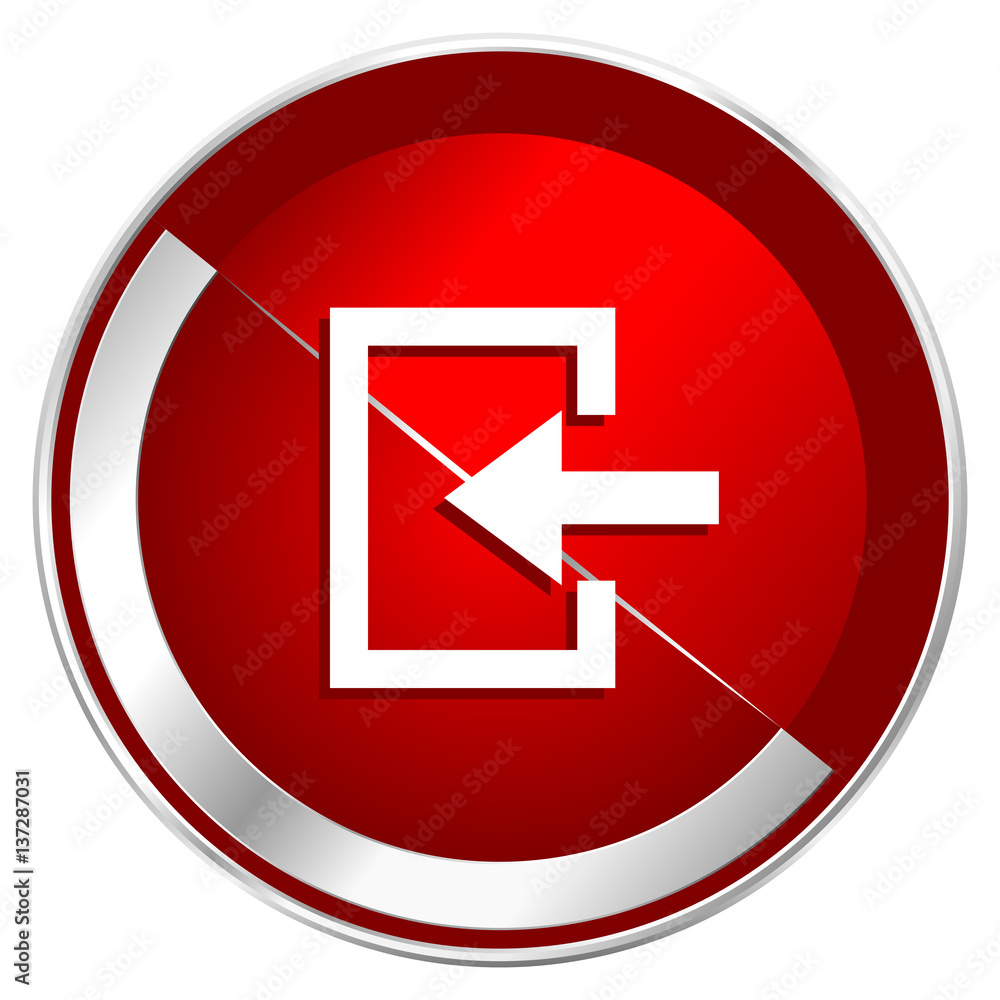 Poster enter red web icon. metal shine silver chrome border round button isolated on white background. circ