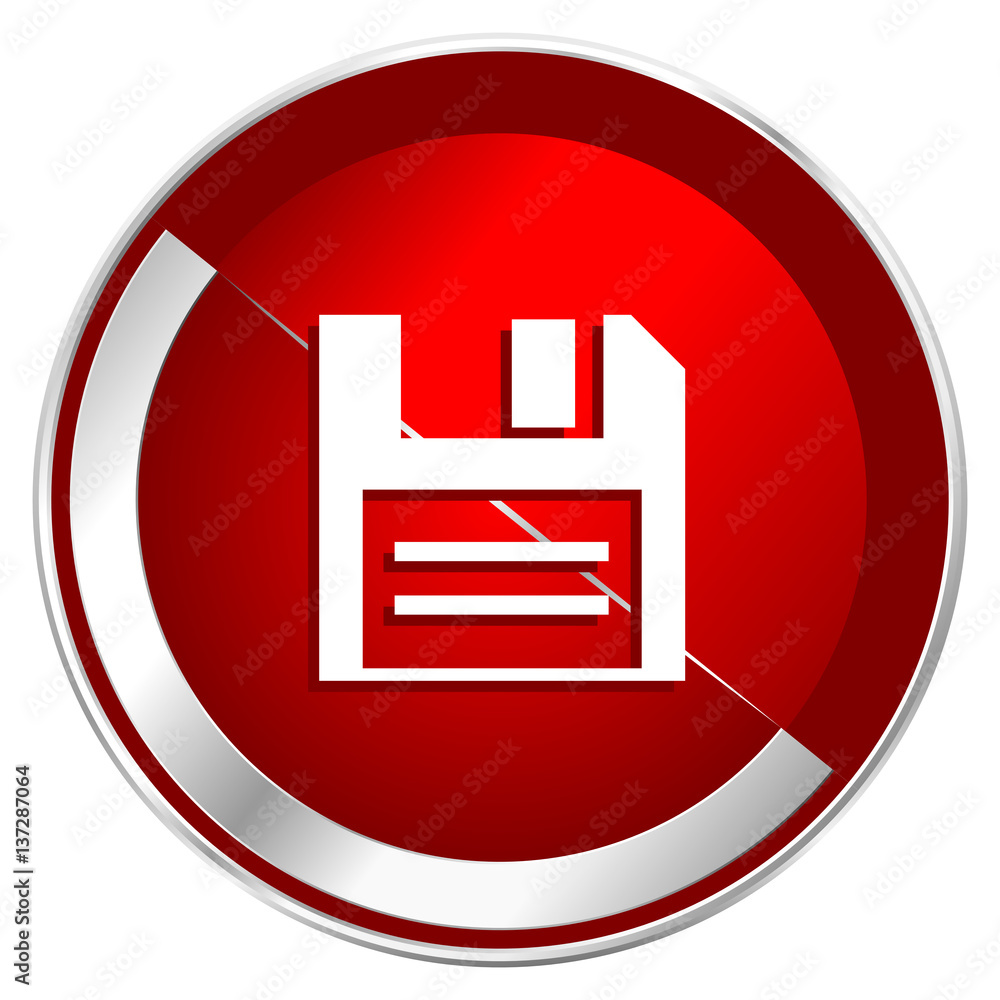 Poster Disk red web icon. Metal shine silver chrome border round button isolated on white background. Circle modern design abstract sign for smartphone applications.