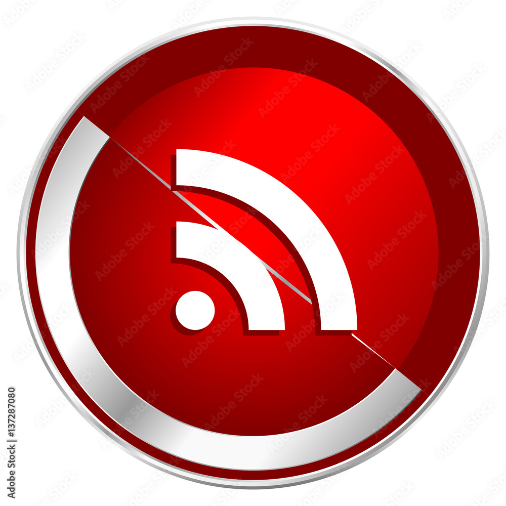 Poster rss red web icon. metal shine silver chrome border round button isolated on white background. circle