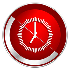 Time red web icon. Metal shine silver chrome border round button isolated on white background. Circle modern design abstract sign for smartphone applications.