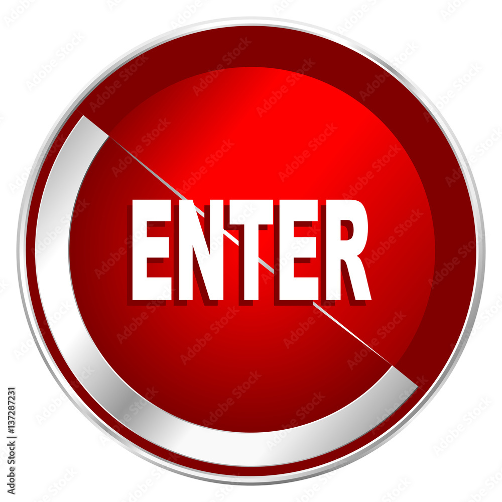 Poster enter red web icon. metal shine silver chrome border round button isolated on white background. circ