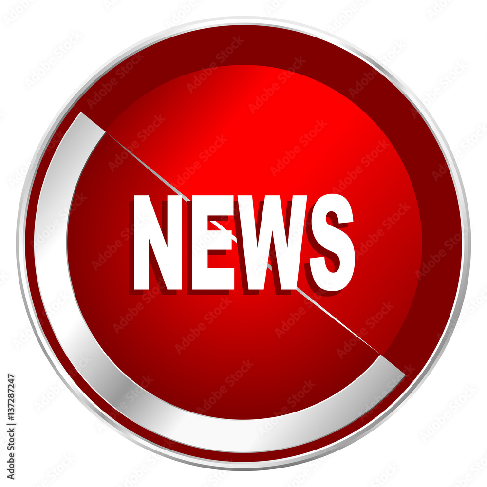 Poster news red web icon. metal shine silver chrome border round button isolated on white background. circl