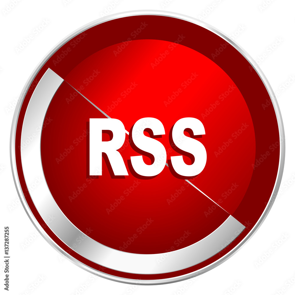 Poster rss red web icon. metal shine silver chrome border round button isolated on white background. circle