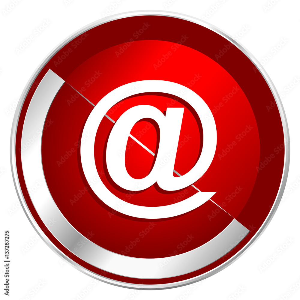 Poster email red web icon. metal shine silver chrome border round button isolated on white background. circ