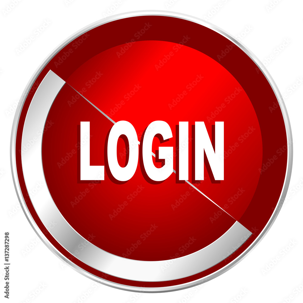 Poster login red web icon. metal shine silver chrome border round button isolated on white background. circ