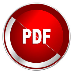 Pdf red web icon. Metal shine silver chrome border round button isolated on white background....
