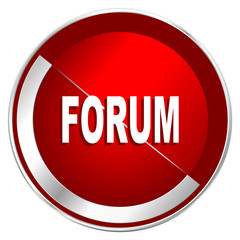Forum red web icon. Metal shine silver chrome border round button isolated on white background. Circle modern design abstract sign for smartphone applications.