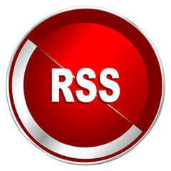Rss red web icon. Metal shine silver chrome border round button isolated on white background. Circle modern design abstract sign for smartphone applications.