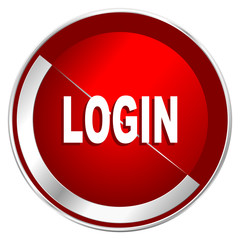 Login red web icon. Metal shine silver chrome border round button isolated on white background. Circle modern design abstract sign for smartphone applications.