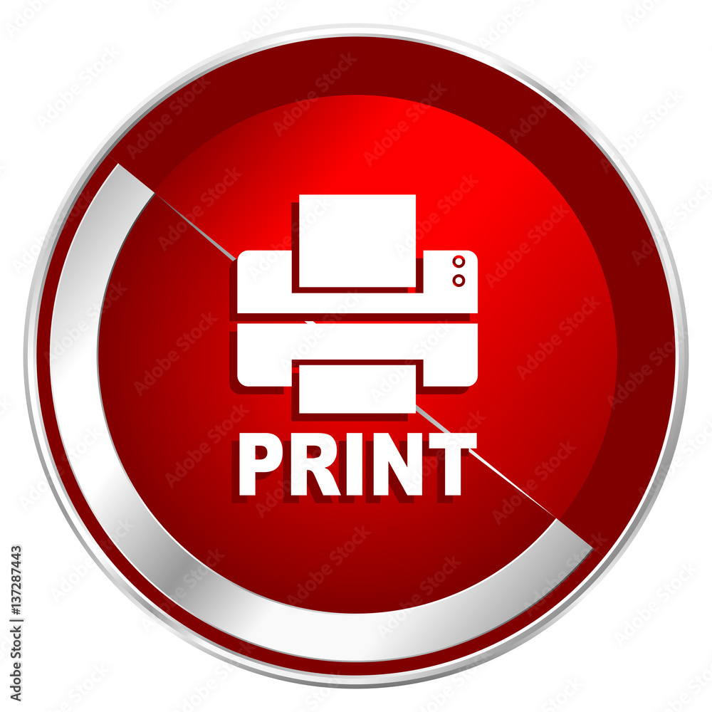 Poster printer red web icon. metal shine silver chrome border round button isolated on white background. ci