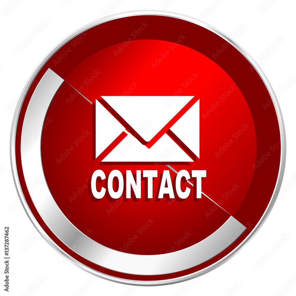 Poster email red web icon. metal shine silver chrome border round button isolated on white background. circ