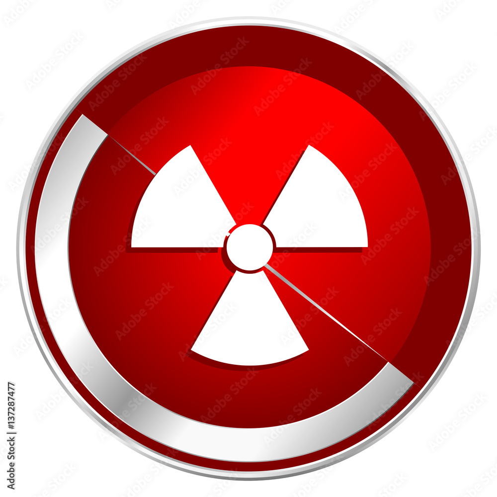 Poster Radiation red web icon. Metal shine silver chrome border round button isolated on white background. Circle modern design abstract sign for smartphone applications.
