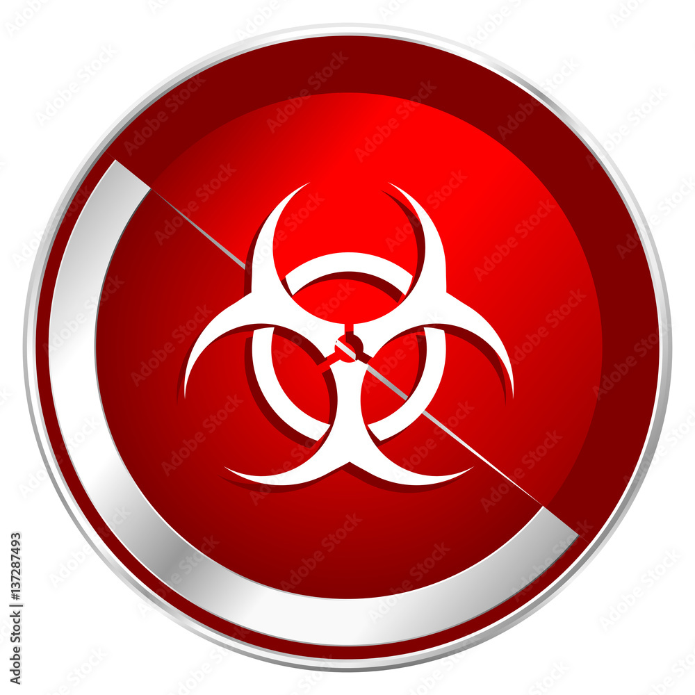 Aufkleber biohazard red web icon. metal shine silver chrome border round button isolated on white background. 