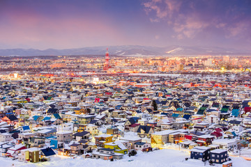 Asahikawa, Japan winter cityscape in Hokkaido. - obrazy, fototapety, plakaty