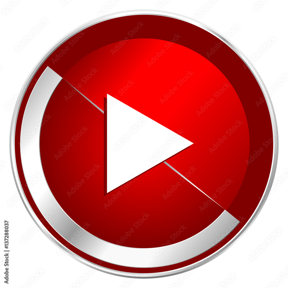 Poster play red web icon. metal shine silver chrome border round button isolated on white background. circl