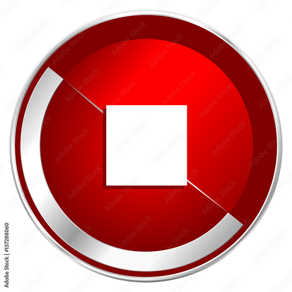 Aufkleber stop red web icon. metal shine silver chrome border round button isolated on white background. circl
