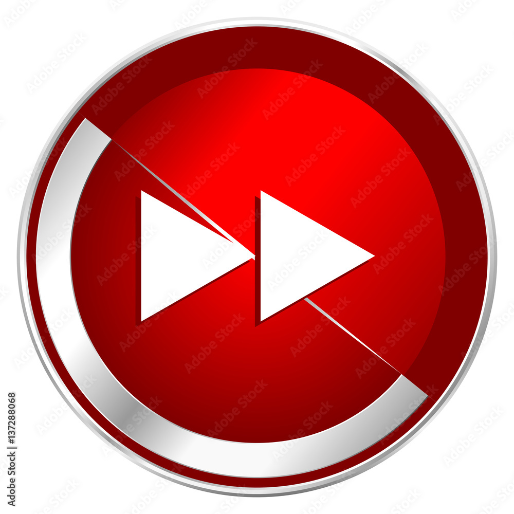 Poster rewind red web icon. metal shine silver chrome border round button isolated on white background. cir