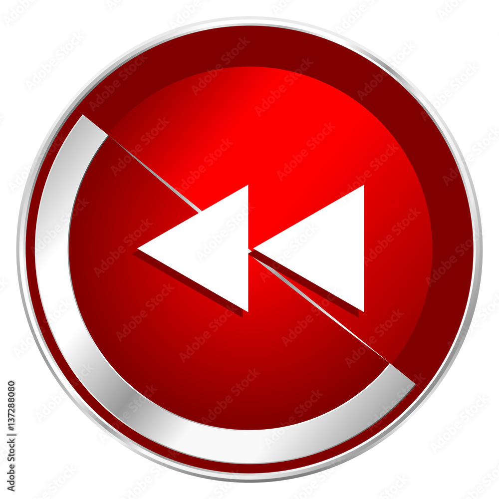 Aufkleber rewind red web icon. metal shine silver chrome border round button isolated on white background. cir