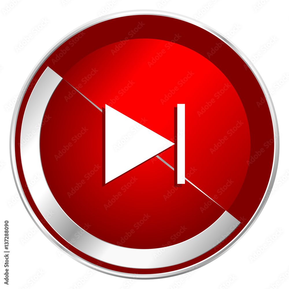 Aufkleber Next red web icon. Metal shine silver chrome border round button isolated on white background. Circle modern design abstract sign for smartphone applications.