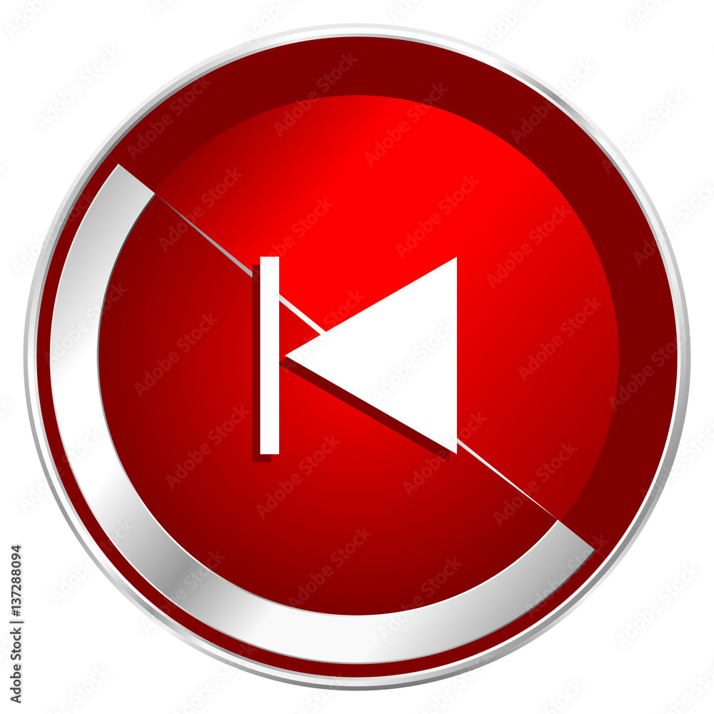Poster prev red web icon. metal shine silver chrome border round button isolated on white background. circl