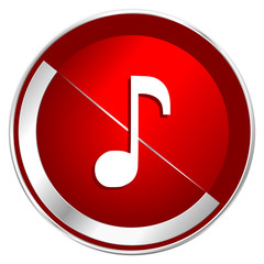 Music red web icon. Metal shine silver chrome border round button isolated on white background. Circle modern design abstract sign for smartphone applications.