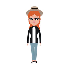 woman wearing hat and sunglasses cartoon icon over white background. colorful design. vector illustration