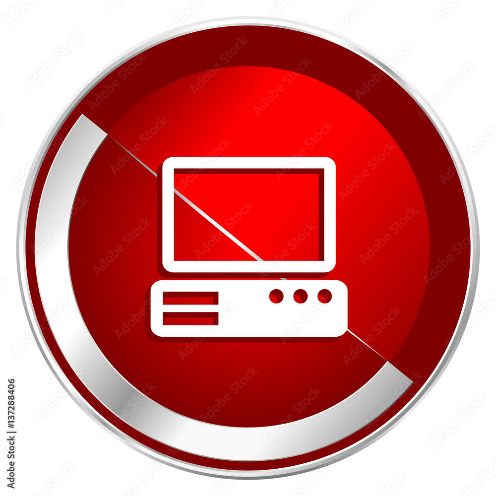 Poster computer red web icon. metal shine silver chrome border round button isolated on white background. c