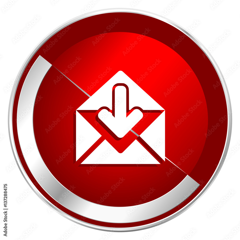 Poster Email red web icon. Metal shine silver chrome border round button isolated on white background. Circle modern design abstract sign for smartphone applications.