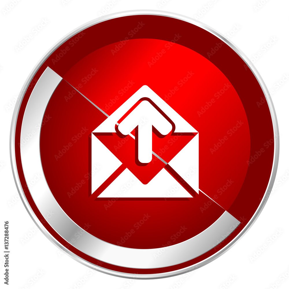 Poster email red web icon. metal shine silver chrome border round button isolated on white background. circ