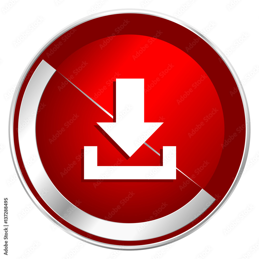 Aufkleber download red web icon. metal shine silver chrome border round button isolated on white background. c