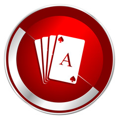 Card red web icon. Metal shine silver chrome border round button isolated on white background. Circle modern design abstract sign for smartphone applications.