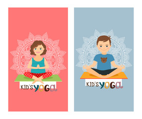 Yoga kids colorful vertical flyer design set. Vector illustration