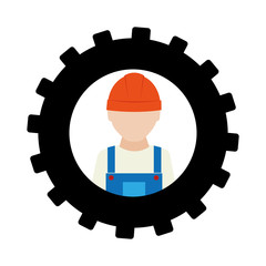 silhouette in shape of gear with worker with helmet vector illustration
