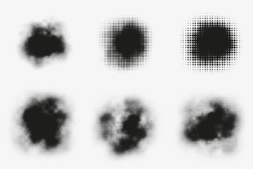 Set of abstract vector halftone stains. Black blots made of round particles. Modern illustration with dark, murky spots. Splattered array of dots. Gradation of tone. Elements of design.