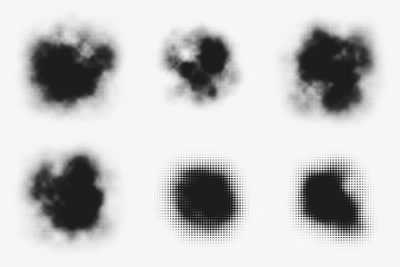 Set of abstract vector halftone stains. Black blots made of round particles. Modern illustration with dark, murky spots. Splattered array of dots. Gradation of tone. Elements of design. - 137290897