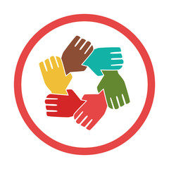 Obraz premium colorful circular frame with silhouette hands teamwork vector illustration