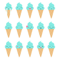 Set of cute ice cream emoji. Vector hand drawn isolated illustration