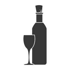 monochrome silhouette bottle wine with glass cup vector illustration