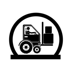 monochrome circular emblem with forklift truck with forks vector illustration