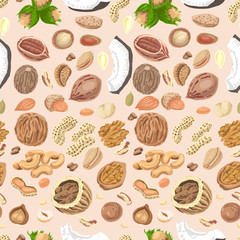 Seamless pattern with colored nuts and seeds