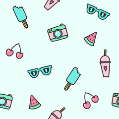 Cute objects. Camera ice cream glasses, watermelon, smoothie. Vector hand drawn seamless pattern.