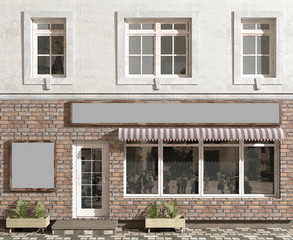 Fototapeta na wymiar Shop front on a facade of the old building. Blank space for placement of the name of shop. 3D render