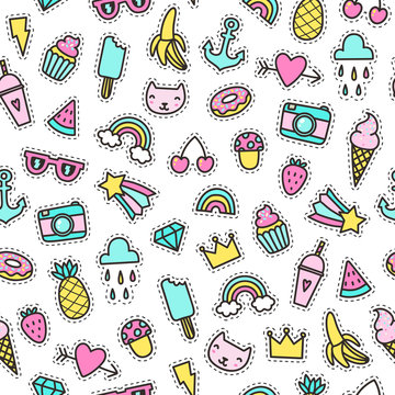 Cute objects seamless pattern. Pins, stickers. Vector hand drawn illustration