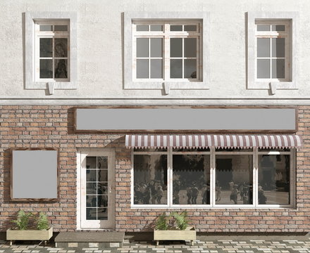Shop front on a facade of the old building. Blank space for placement of the name of shop. 3D render