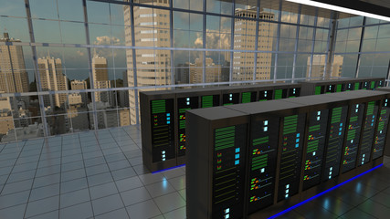 Server room in a large building like a bank of large corporate with a view on a big city. 3D render