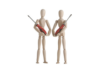 Two wooden mannequin with holding screw driver